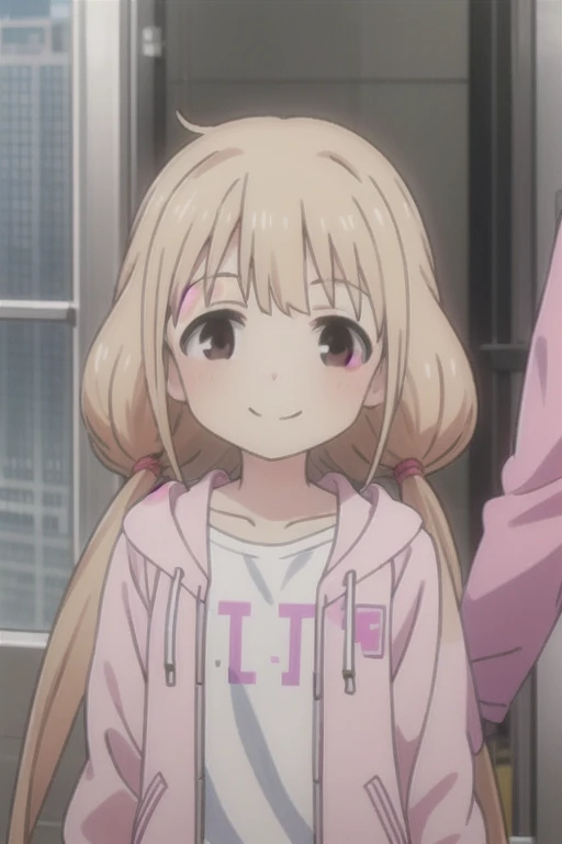 (((pixel-perfect, detail-perfect))), solo, 1girl, anzu futaba, white shirt, jacket pink, open jacket, smile, looking at viewer