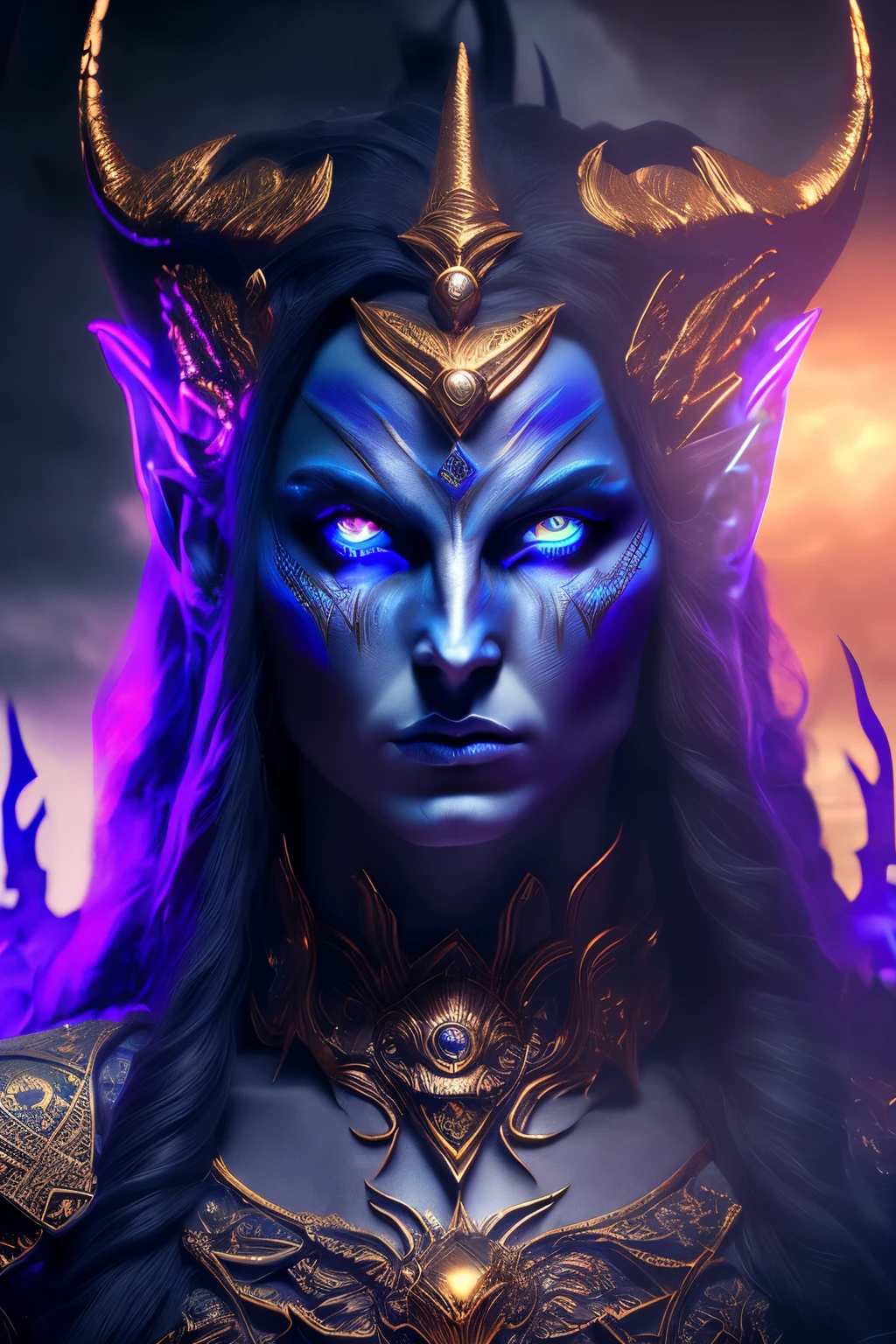 demonic goddess, astarte, mysterious and ominous, glowing blue eyes, graceful yet sinister pose, dramatic lighting, moody and atmospheric, cinematic camera angle, (best quality,4k,8k,highres,masterpiece:1.2),ultra-detailed,(realistic,photorealistic,photo-realistic:1.37), volumetric lighting, golden hour