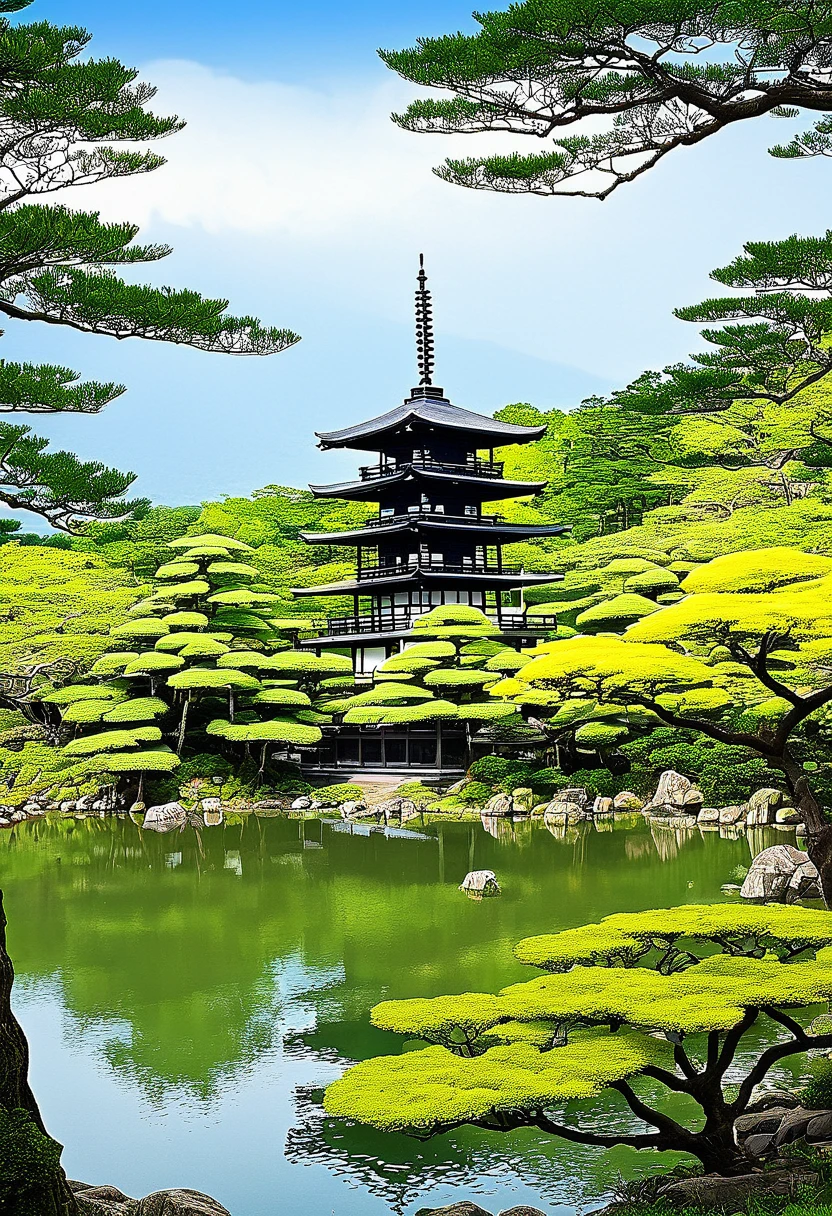 Ruins of a pagoda in a Japanese garden with a lake々Beautiful view, Paintings inspired by Ito Jakuchu, Shutterstock, ukiyo-e, Japanese Templess, Japanese Nature, Kyoto japan setting, Japanese Temples, Kyoto, Ancient Japanese architecture, Kyoto inspired, Japanese Landscape, Japan Travel and Tourism, Zen temple background, lush Japanese Landscape, Japan Tourism,Cherry tree in full bloom,sunny