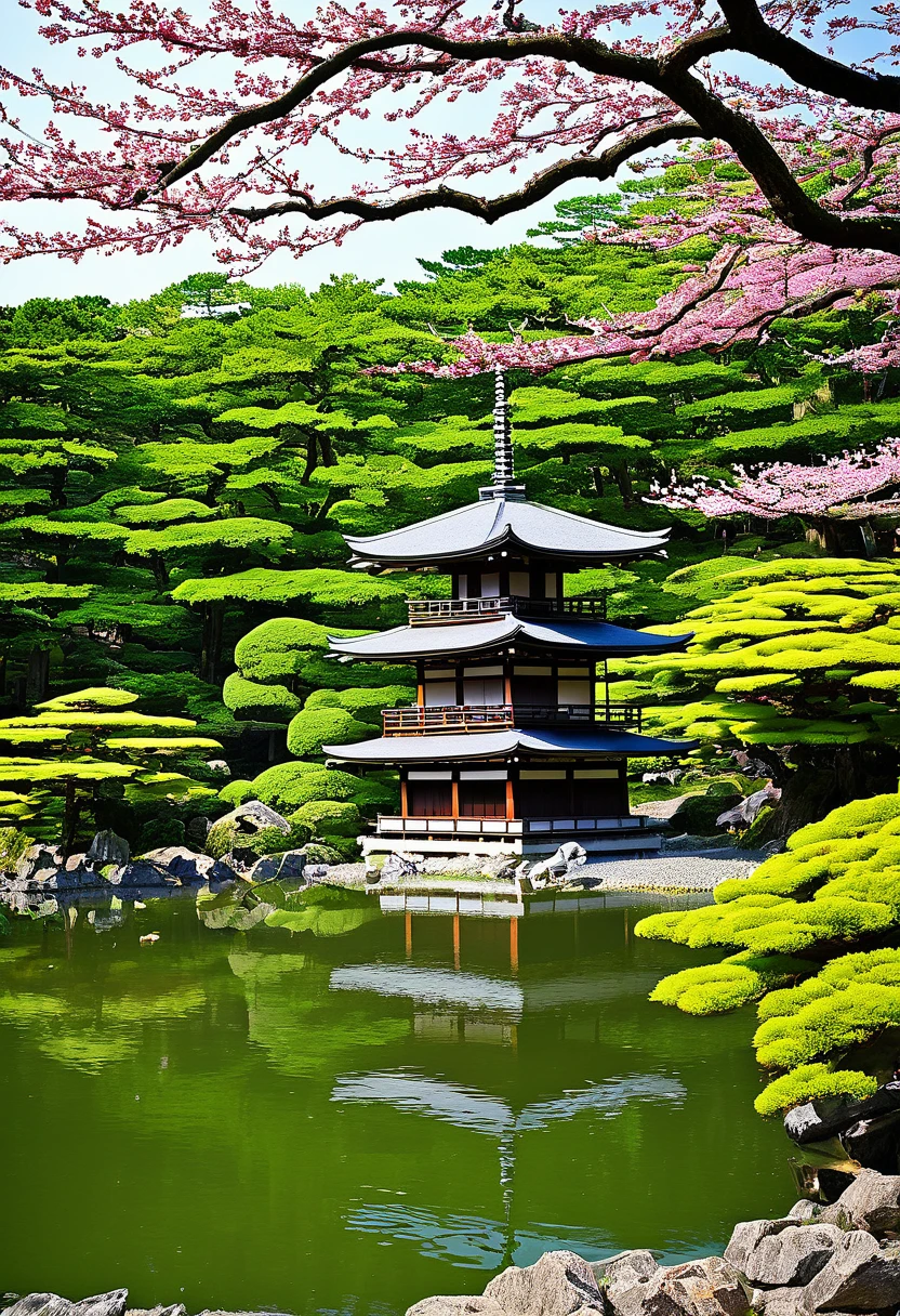 Ruins of a pagoda in a Japanese garden with a lake々Beautiful view, Paintings inspired by Ito Jakuchu, Shutterstock, ukiyo-e, Japanese Templess, Japanese Nature, Kyoto japan setting, Japanese Temples, Kyoto, Ancient Japanese architecture, Kyoto inspired, Japanese Landscape, Japan Travel and Tourism, Zen temple background, lush Japanese Landscape, Japan Tourism,Cherry tree in full bloom,sunny