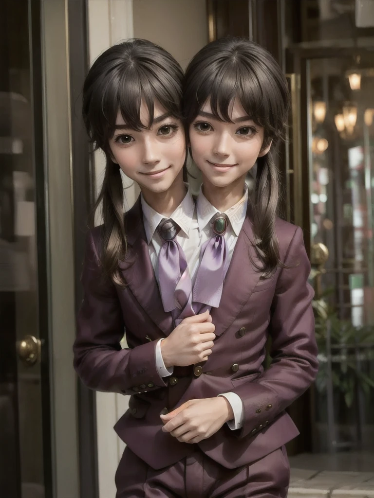 (2heads:1.6), (masterpiece, best quality:1.2), cowboy shot, solo, male focus, 1boy, (ushiromiya lion:1.1), androgynous, smile, closed mouth, looking at viewer, arms at side, ponytail, formal, suit, ascot,