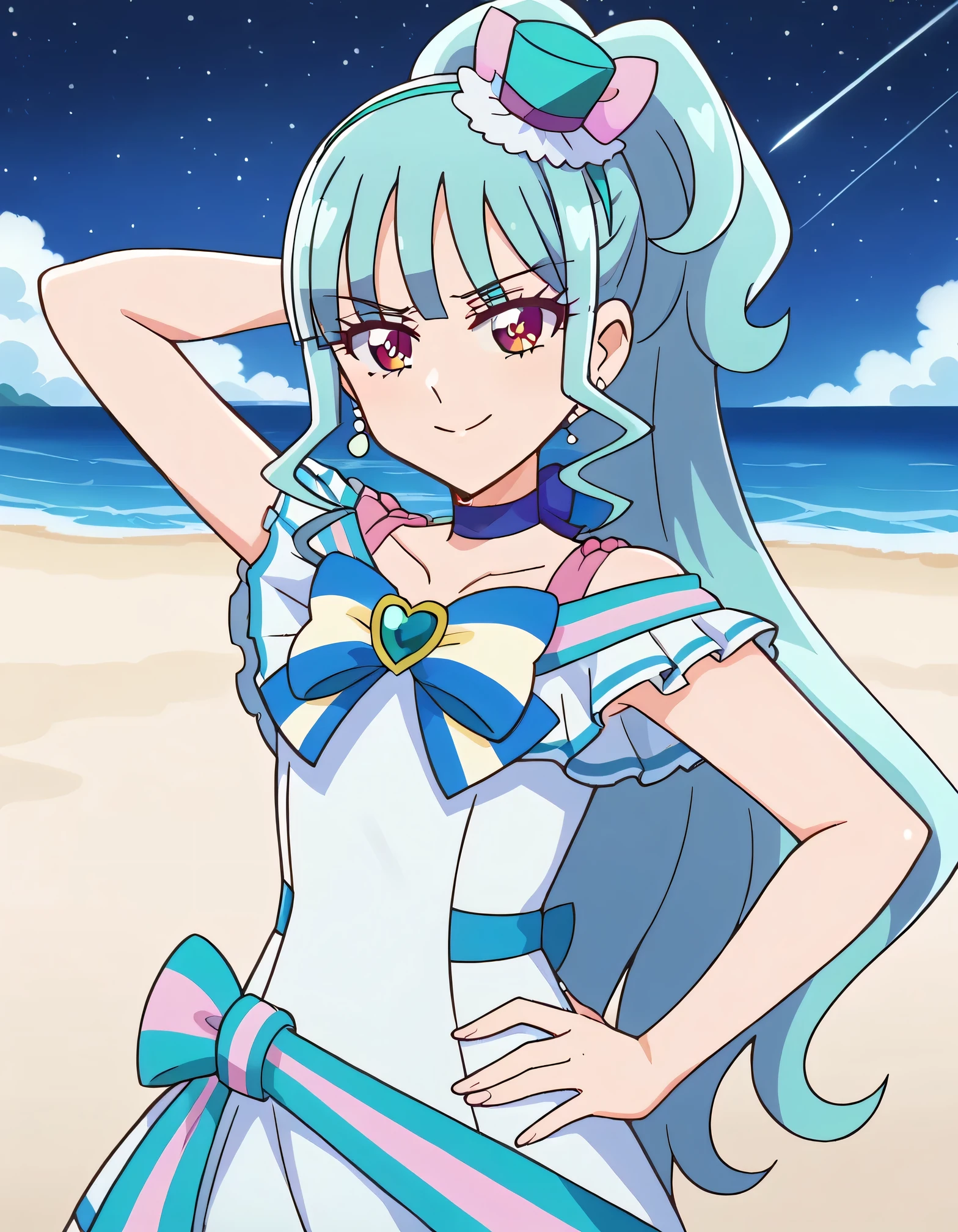  curelillian, shiny skin,  high quality, solo, 1girl, night sky, beach, arm behind head, hand on hip, (contrapposto), closed mouth, spread armpits, (cowboy shot:1.5),, looking at viewer, smile, nervous, best quality,
