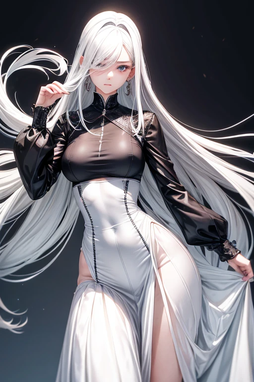android with feminine appearance. Tenho 173 cm de altura e peso 56 kg. My most striking features are the white hair that covers my eyes and the long skirt that I always wear, bem sexualizada, peitos grandes e bunda grande