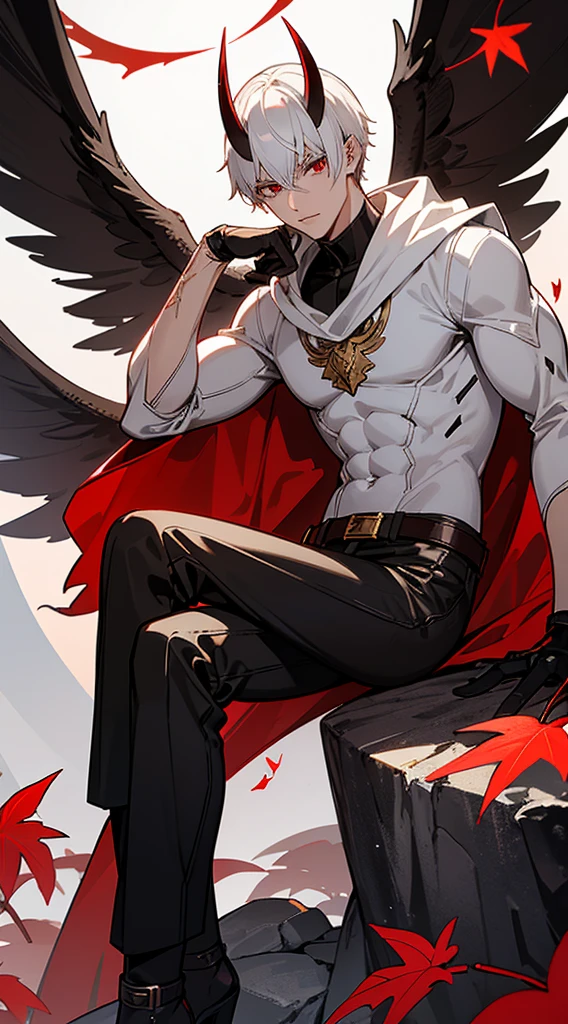 Handsome man, white hair, very short hair, ((crew cut: 1)), red eyes, fair skin, ((muscular: 1)), man, 28 years old, wearing a white hood, gold and silver details, leather shawl brown, baggy pants, gray boots, black and brown belts, black boots, brown gloves, lots of belts, demonic angel wings, six wings, black wings, demon horn, black scales, black scales on neck, black lizard tail, demonic form, angel form, half and half man sitting, muscular, sexy, sitting on a rock, background forest, black trees, trees with red leaves
