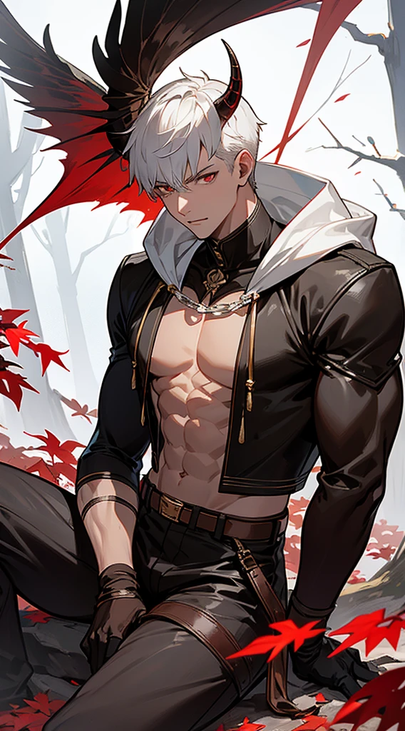 Handsome man, white hair, very short hair, ((crew cut: 1)), red eyes, fair skin, ((muscular: 1)), man, 28 years old, wearing a white hood, gold and silver details, leather shawl brown, baggy pants, gray boots, black and brown belts, black boots, brown gloves, lots of belts, demonic angel wings, six wings, black wings, demon horn, black scales, black scales on neck, black lizard tail, demonic form, angel form, half and half man sitting, muscular, sexy, sitting on a rock, background forest, black trees, trees with red leaves