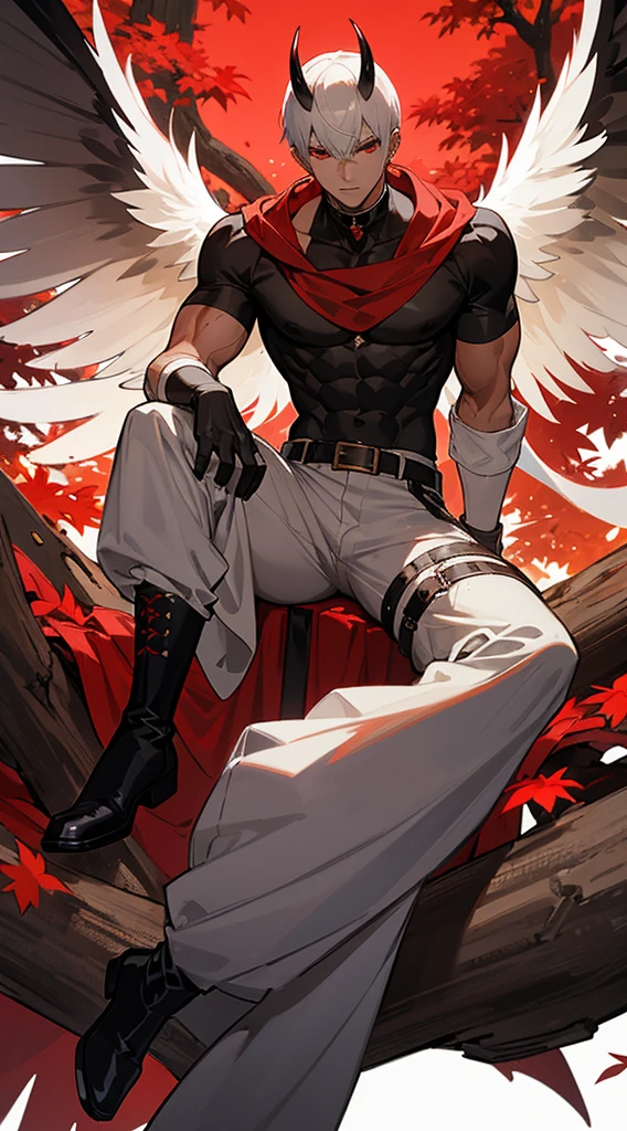 Handsome man, white hair, very short hair, ((crew cut: 1)), red eyes, fair skin, ((muscular: 1)), man, 28 years old, wearing a white hood, gold and silver details, leather shawl brown, baggy pants, gray boots, black and brown belts, black boots, brown gloves, lots of belts, demonic angel wings, six wings, black wings, demon horn, black scales, black scales on neck, black lizard tail, demonic form, angel form, half and half man sitting, muscular, sexy, sitting on a rock, background forest, black trees, trees with red leaves
