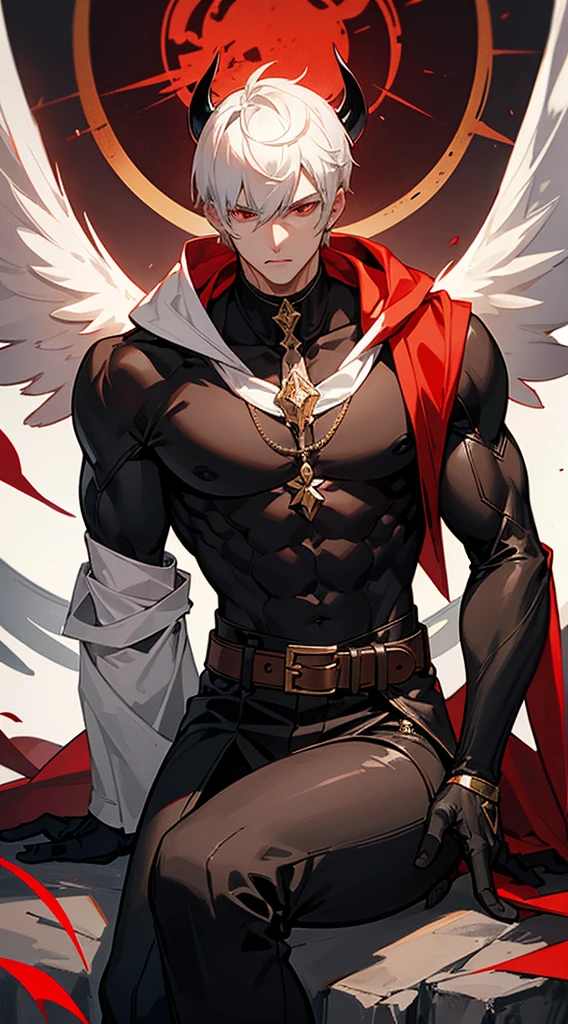 Handsome man, white hair, very short hair, ((crew cut: 1)), red eyes, fair skin, ((muscular: 1)), man, 28 years old, wearing a white hood, gold and silver details, leather shawl brown, baggy pants, gray boots, black and brown belts, black boots, brown gloves, lots of belts, demonic angel wings, six wings, black wings, demon horn, black scales, black scales on neck, black lizard tail, demonic form, angel form, half and half man sitting, muscular, sexy, sitting on a rock, background forest, black trees, trees with red leaves