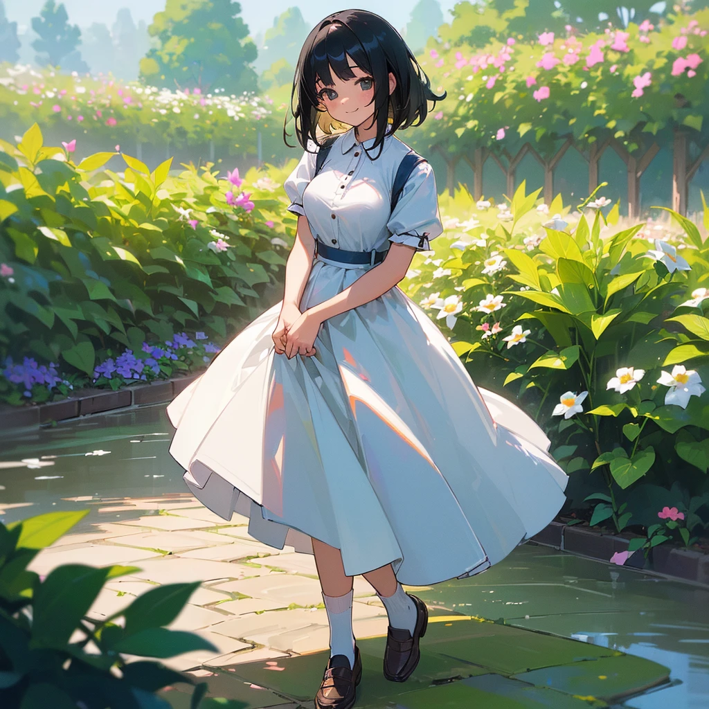 (high quality, High resolution, Very detailed, reality:1.37), Peaceful atmosphere, (Outdoor, garden), age girl standing alone, (my breasts are big.), Beautiful details, Cute Smile, (Black bob hair), White short-sleeved dress, White socks, loafers.
