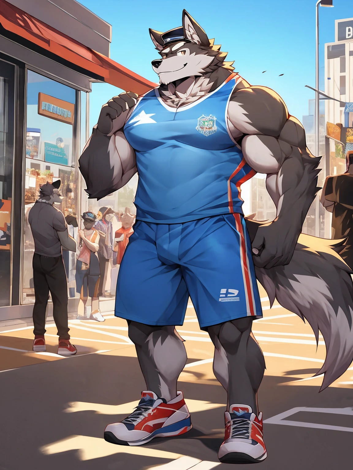 high quality,极high quality,HD,8K,Mature male wolf forrest, muscular,short hair, Wearing sportswear, Wearing a peaked cap,Wearing sneakers,Smile,Stand ahead,Wave,crowd,High-rise,Shop sign,Full body portrait