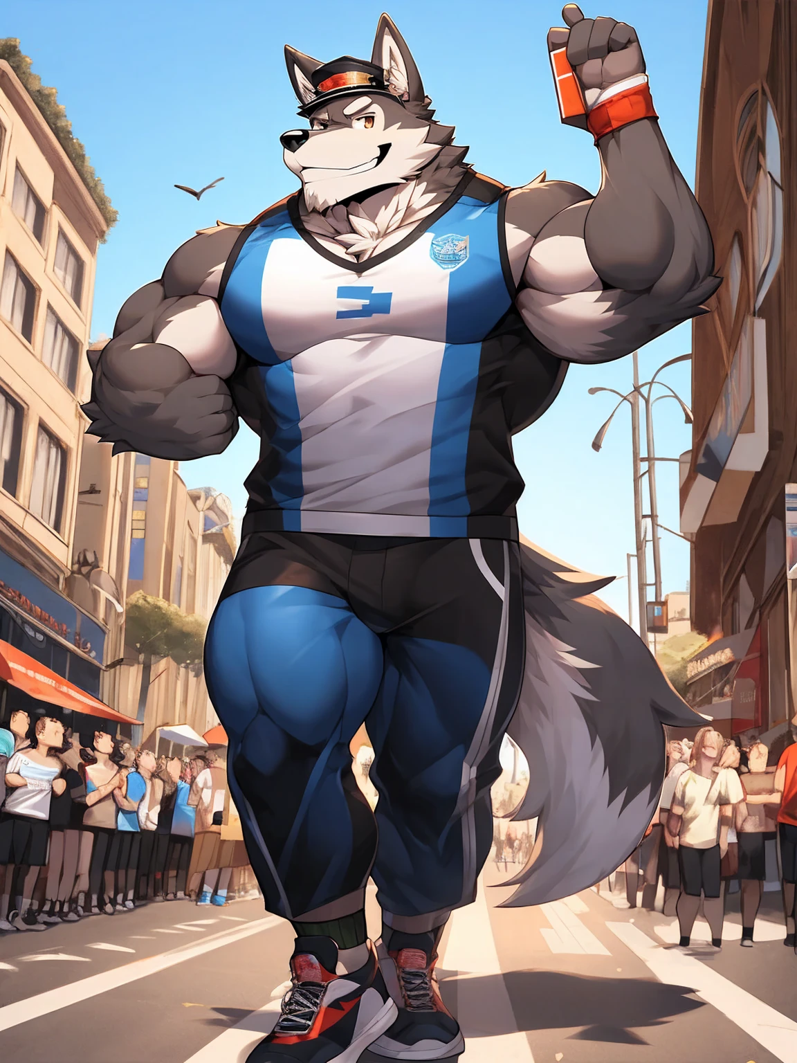 high quality,极high quality,HD,8K,Mature male wolf forrest, muscular,short hair, Wearing sportswear, Wearing a peaked cap,Wearing sneakers,Smile,Stand ahead,Wave,crowd,High-rise,Shop sign,Full body portrait