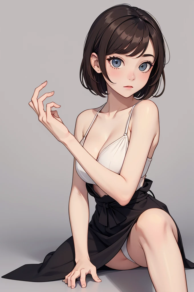 (((masterpiece, best quality, ultra highres, 1 girl, solo, no background))), super detailed skin and face and eyes and finger, beautiful japanese woman, small breasts:1.5, skinny, light brown hair, white background, very short hair, (an illustration of girl), Knee shot, Generate with illustrations, Various expressions, Various poses, Various Costumes, spread legs, Please draw the entire character within the frame, ensuring that the head, arms, and legs are not cut off. The background should be simple, with the character positioned centrally,