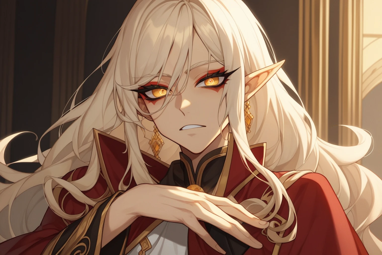 (yellow skin 1.5), (masterpiece),(highest quality),highres, (extremely detailed), ultrahires, (gold skin 1.8), dunmer, altmer, pretty boy, male, anime guy, anime boy, dollish eyelashes, long wavy hair, portrait, smoky eyes, arab eyeliner, ostentatious brocade robes, glamorous, gorgeous, stunning eyes, jewelry, veils, golden skin, dewy skin, bjd, glossy eyelids, eyeshadow, vibrant, pointy chin, v shaped jaw, domineering, proud, slender, high elf, curly hair,