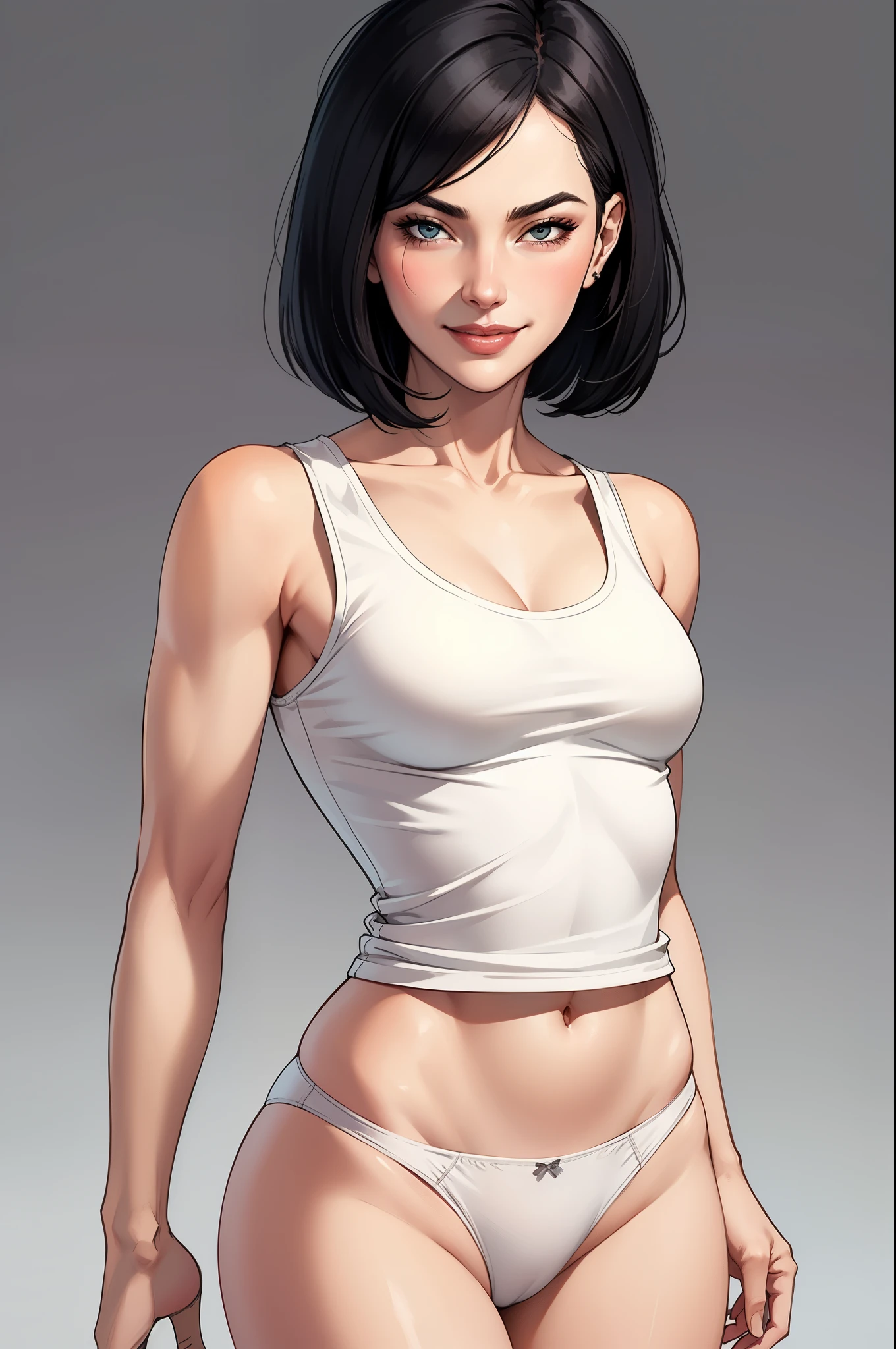 Amazing cowboy shot of a sexy woman wearing her black bob cut hair, seductively gazing and smiling, soft lips, blushing intensely, white tank top, panties , medium chest, perfect body, simple background, Nicole Kidman