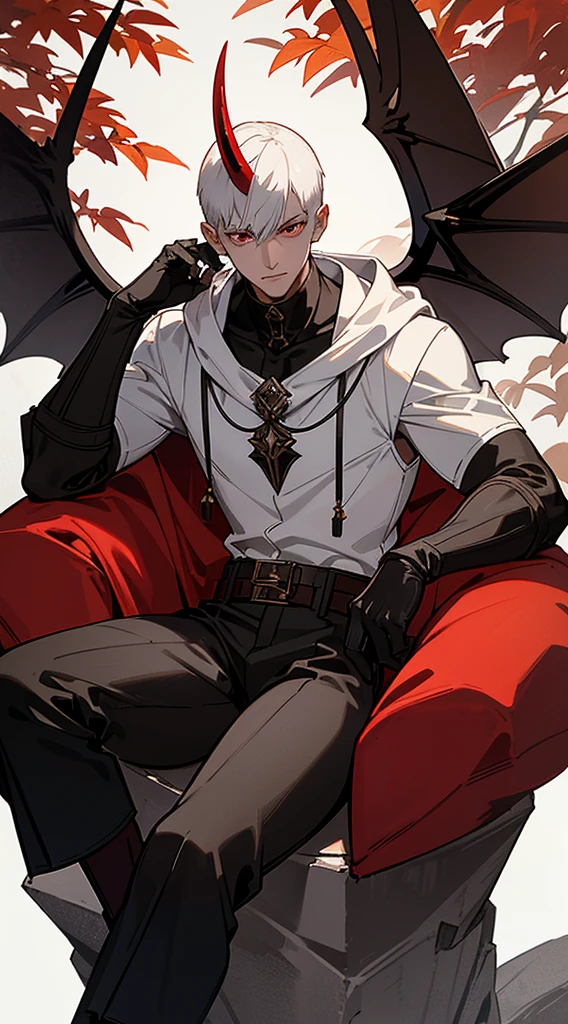Handsome man, white hair, very short hair, ((crew cut: 1)), red eyes, fair skin, ((muscular: 1)), man, 28 years old, wearing a white hood, gold and silver details, leather shawl brown, baggy pants, gray boots, black and brown belts, black boots, brown gloves, lots of belts, demonic angel wings, six wings, black wings, demon horn, black scales, black scales on neck, black lizard tail, demonic form, angel form, half and half man sitting, muscular, sexy, sitting on a rock, background forest, black trees, trees with red leaves