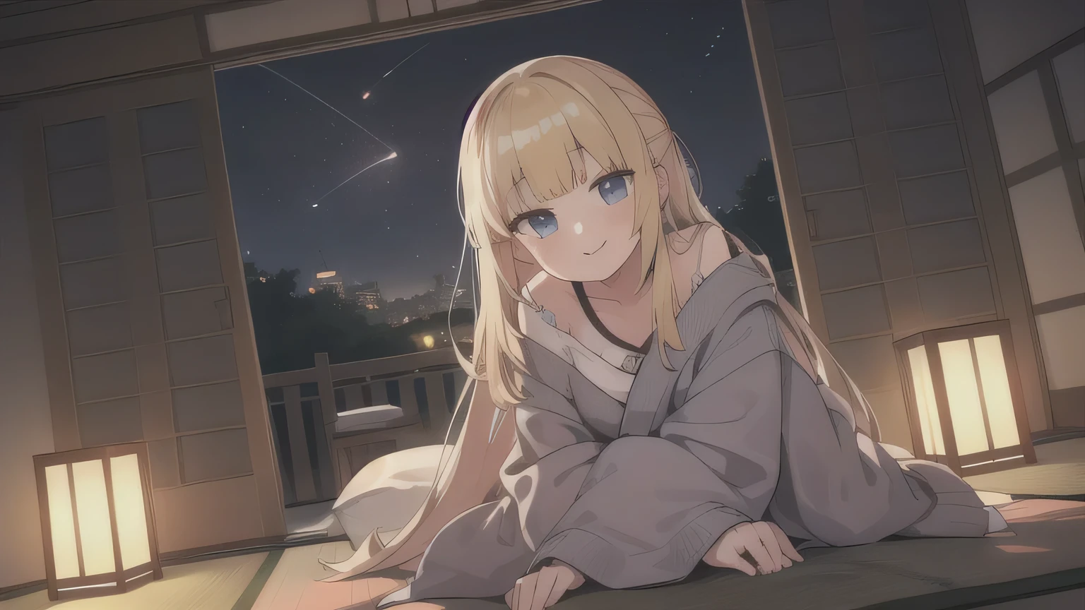 futon,tatami,Blonde,long hair,One Girl,Highest quality,night,View your viewers,smile