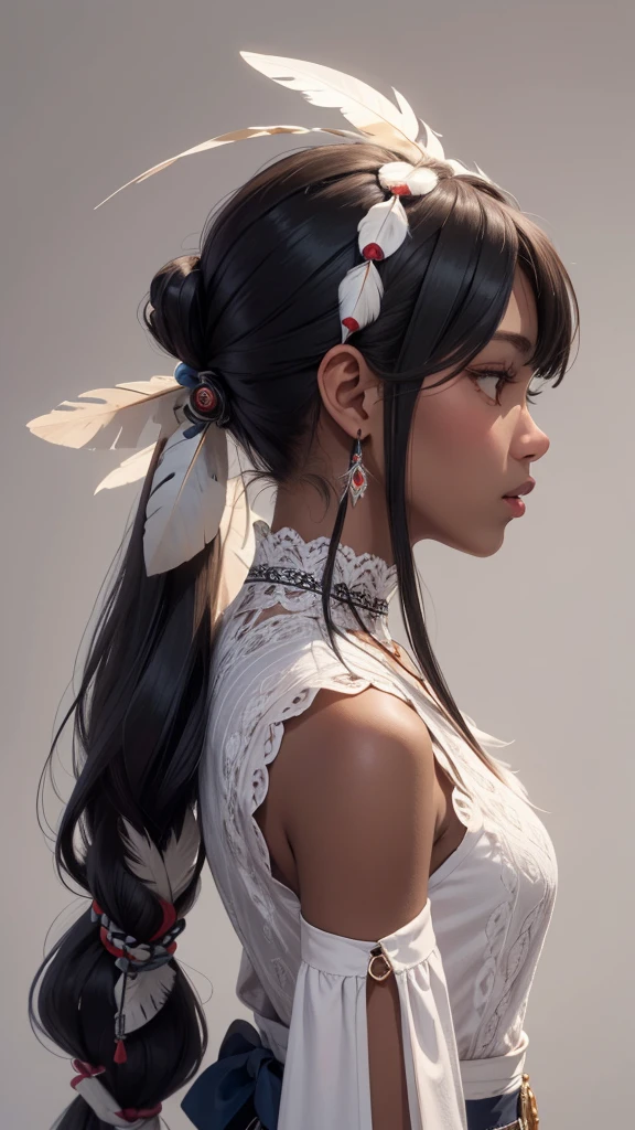 masterpiece、Highest quality、1 girl、tlily、Black Hair、Twin tails、Feather hair ornament、head band、Dark Skin、dress、Native American、Upper Body、profile、See who's watching、in the forest、