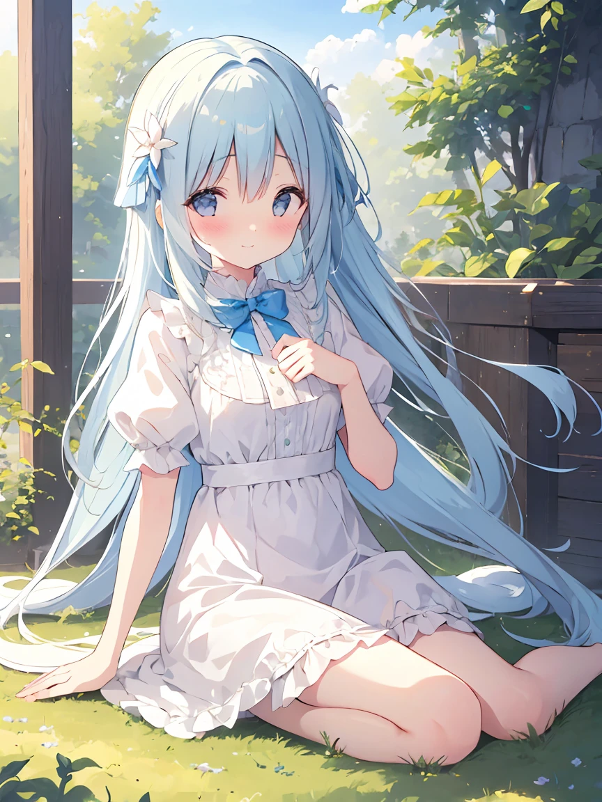 (The extremely complex pupil in the eye, Shining Eyes), Long eyelashes, double eyelid, Part your lips, cute, cute, , thin, (Very delicate and beautiful skin), Very detailed costume, Perfect Anatomy, Dynamic Angle, break (masterpiece, Highest quality), (Ultra high definition 8K), (Perfect design), Absurd, High resolution, ((blush)), (Ultra-fine illustrations), ((light blue Long Hair))), 10 years old, Long Hair ((blush)), masterpiece, Highest quality, (wonderful,blunt bangs), High resolution, cute face, masterpiece, Highest quality, Very detailed, anime, beautiful girl, Wind, alone, Depth of written boundary, masterpiece, Highest quality, Very detailed, (Photo Background: 1.3), A slightly larger, still growing chest,(masterpiece),(High resolution:1.4),(Super detailed),Ultra-realistic, Ultra-fine illustrations,(very cute), (a bit_girl:1.3), 1girl, alone, Ultra-fine illustrations,  青い髪
 White Dress, 牧Grass地で、
((masterpiece,Highest quality)),1girl, alone,  barefoot, Raise your knees, skirt, Sitting posture,  Short sleeve, View your viewers, Grass, smile, Puff sleeves , Outdoor, puffy Short sleeve, bangs, On the ground, whole body, animal, White Dress, sunlight,dappled sunlight, Daytime, Depth of written boundary，"A heartwarming scene of a girl affectionately bonding with her beloved pet bunny in a charming and inviting patio setting."