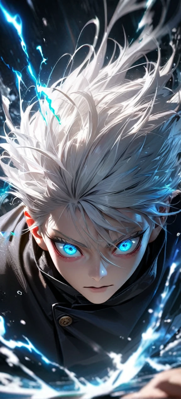 High quality, ultra realistic,absurdres, highres, ultra detailed, HDR, masterpiece, extremely detailed face and eyes, Gojo satoru , jujutsu kaisen,, white hair ,black shirt , solo, ,man, handsome, ,white eyeleshes, blue eyes , Epic fight scene, blue splashing effect,blue lightning effect,glowing glitters , close up,cool eyes, symetrical