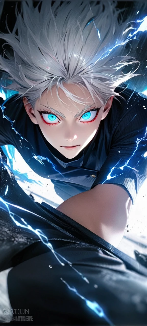  High quality, ultra realistic,absurdres, highres, ultra detailed, HDR, masterpiece, extremely detailed face and eyes,  Gojo satoru , jujutsu kaisen,, white hair ,black shirt , solo, ,man, handsome, ,white eyeleshes, blue eyes , Epic fight scene, blue splashing effect,blue lightning  effect,glowing glitters , close up,cool eyes, symetrical 