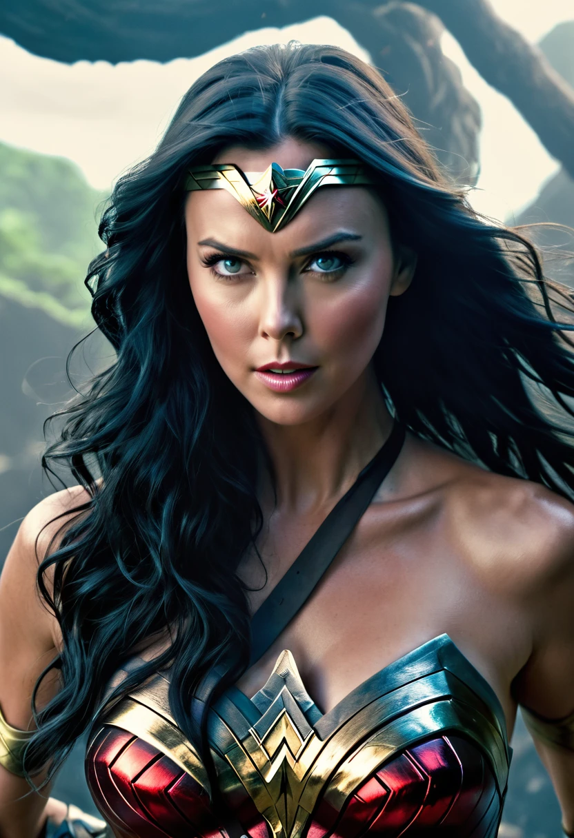 (((extreme close-up Charlize Theron under the mantle of the Amazon warrior Wonder Woman long black hair cinematic surreal image HD))),(((imagenes color Splash)))