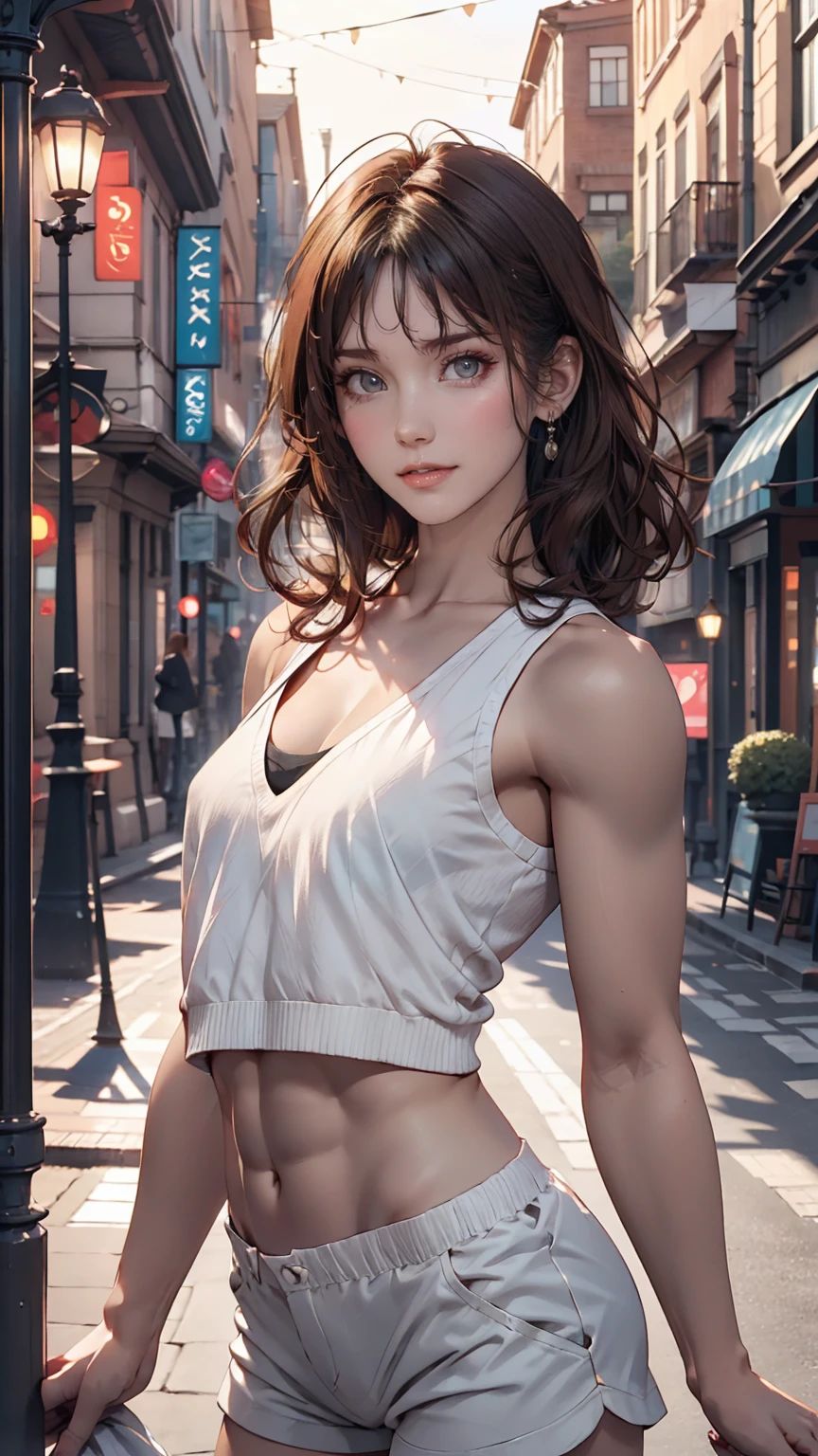 ((Center of chest, Tomboy, Small Head)), Dawn, sunlight, (Defined Abs: 1.1), (Perfect body: 1.1), (Short Wavy Hair: 1.2), Auburn Hair, Full body photo, Crowded street, Wearing a white vest, ((Shorts)), (Highly detailed CG 8K wallpaper), (Very delicate and beautiful), (masterpiece), (Highest quality: 1.0), (ultra-High resolution: 1.0), Beautiful lighting, Perfect Lightning, Realistic Shadows, [High resolution], Delicate skin, Super detailed, Cute Smile