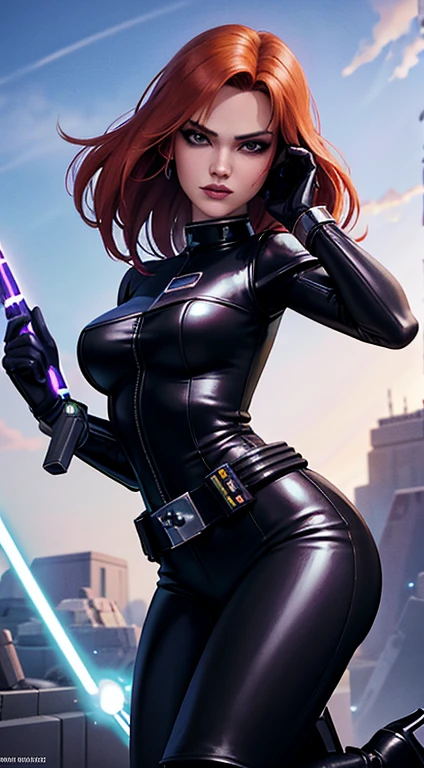 Mara Jade from Star Wars, science fiction, Star Wars based environment, She's wearing a tight shiny black leather suit, gloves, silver utility belt and high-heel boots. She's holding a purple lightsaber. Dynamic poses, Character concept, character art, Character portrait, masterpiece
