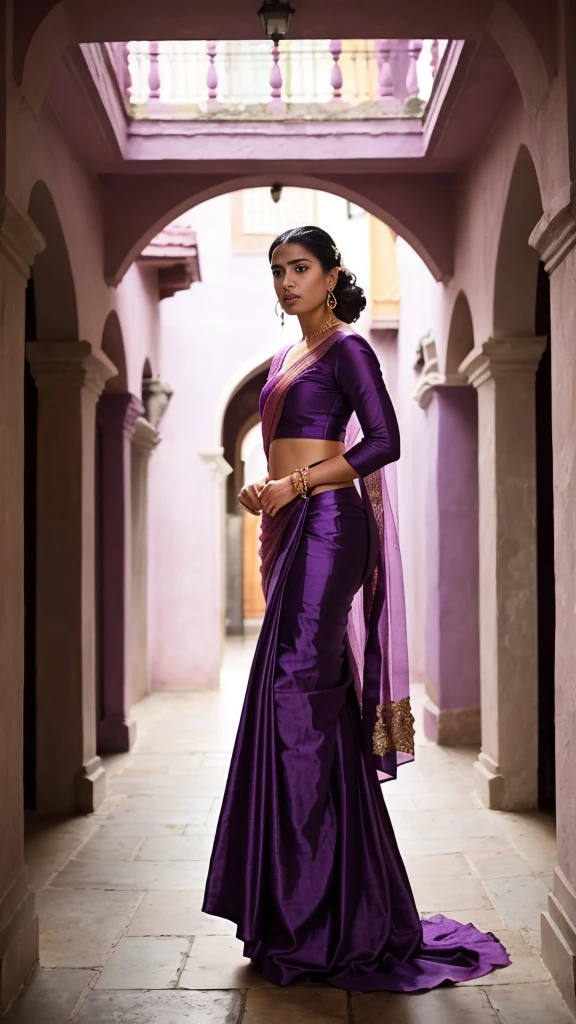 a woman in a pink and purple sari standing in a courtyard, a picture inspired by T. K. Padmini, trending on cg society, renaissance, with beautiful colors, stunning elegant pose, draped in silky purple and gold, jaw-dropping beauty, draped in purple and gold silk, purple and pink leather garments, very beautiful photo, beauteous sumptuous,