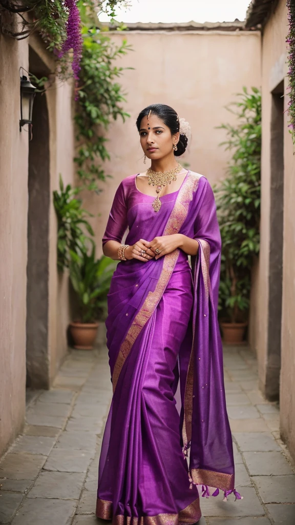 a woman in a pink and purple sari standing in a courtyard, a picture inspired by T. K. Padmini, trending on cg society, renaissance, with beautiful colors, stunning elegant pose, draped in silky purple and gold, jaw-dropping beauty, draped in purple and gold silk, purple and pink leather garments, very beautiful photo, beauteous sumptuous,