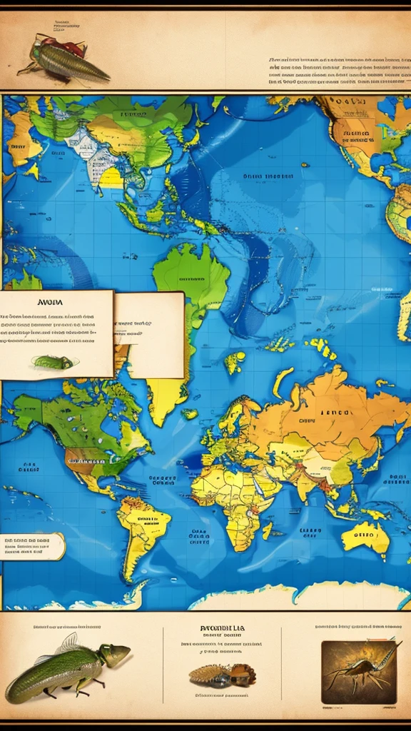Create a world map highlighting the regions where mosquitoes are prevalent. Include illustrations of different mosquito species around the map. Add the text "There are about 3,500 species of mosquitoes.、Of these, about 100 species are major enemies of humans.。" at the top.