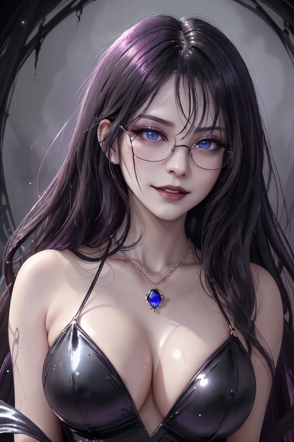 (Fatal Beauty,A charming villain,witch) ,(A supple and powerful physique),(Sensual charm),(Mysterious charm:1.1),(Captivating silhouette),((((Glasses))))、((((big sapphire necklace))))、(Highest quality,High resolution:1.2),(dark,Threatening:1.1),((dark horror theme:1.5),(Thriller:1.5)),(Dark fantasy:1.5),  arcane arachnid lady, elise the spider queen, league of legends, arcane arachnid, fighting stance, ( body formed from metallic mauveine and metallic black liquid metallic paint twisting into a beautiful interpretation of the female figure), long sharp fangs, au naturel, ((complex metallic colours in the foreground)), (( fluid mechanics, the loveliest smooth scale face makeup, smirky expression)) - dark blood, onyxia、 painting of a beautiful young witch, Long purple hair, Rich purple lips, evil, evil female, smile, Black Prom Dress, She is coming to you, Close-up, Bright Blue Eyes, Surrounded by swirling pink smoke, Genuine, High detail, Highest quality