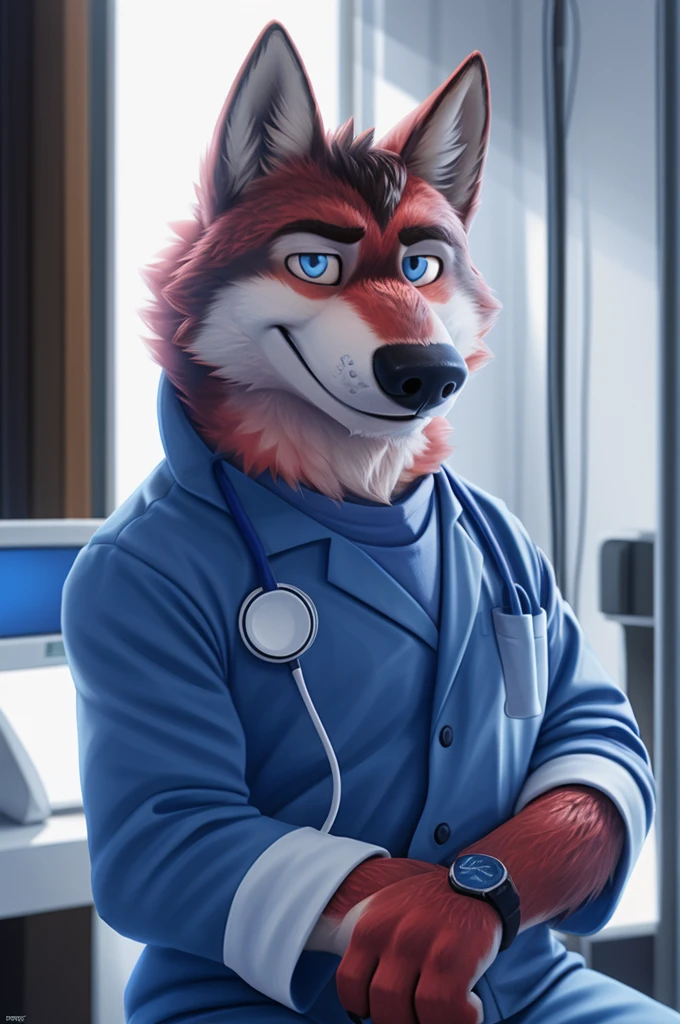 Ivan Fedorovich Wolfbach (Novosibirsk) ,tall handsome, wolf,young, 24 years, brown fur,Kind,(red body:1.3),beautiful blue eyes,Novosibirsk,dressed, мединский костюм stethoscope сандалии,Dr,самый Kind, canine, wolf, detailed fur, male, antro, paw pads, finger claws,at viewer, 5 fingers, paws, 5 fingers, smile, wrist watch, т nextel,by xenoforge, (difficult, high detail, digital photography, soft focus, RAW species палаты ,very close to the camera, species,Novosibirsk, smile, a good mood, positive, very close to the camera,intensive care unit, newborns, stethoscope, in the neck, is sitting, Doctor,
Photorealism, realistic, photorealistic, digital style, Subsurface scattering,Looking at the viewer,hugs the she-wolf,
masterpiece, Best quality, ultra realistic, 8 k)
