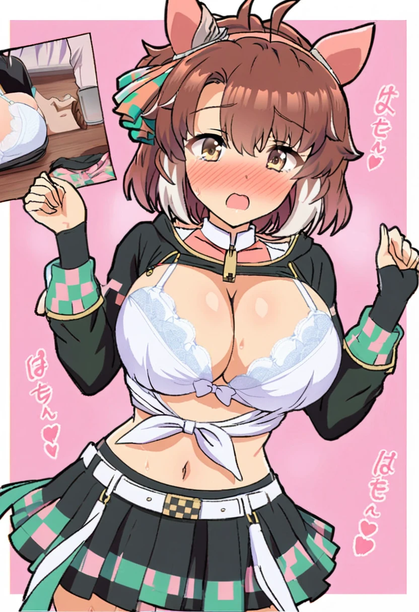 an uncensored pic of a sexy girl in a cute outfit with big tits being fucked in the dantsu_flame (umamusume), a very sexy manga girl from anime wearing a , 1girl, breasts, underwear, lingerie, solo, bra, skirt, cleavage, necklace, jewelry, large breasts, white bra, blush, plaid skirt, white shirt