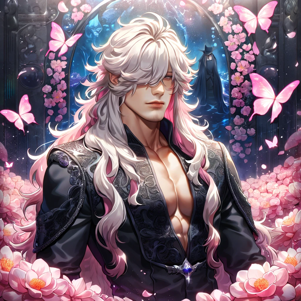absurdres, highres, ultra detailed, HDR, master piece, best quality, Undertaker, white long hair, hair over both eyes, untamed hair, kuroshitsuji, solo, sexy man, handsome, black clothes, magical, fantasy, shining, pink flowers, pink blossoms, pink butterflies, pink petals, water