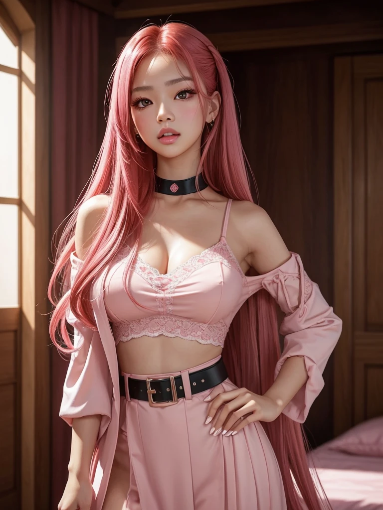 glowing skin, lips, sacimaer detailed skin, Beautiful face and detailed pink eyes, Spotlight, professional lighting, 1 girl, Alone, long hair, wearing a cute outfit, natural pose, lips, indoor, realistic, I want the whole image be created, face and body of blackpink's Jennie kim with red hair and in four places with different poses doing random things glowing skin, lips, sacimaer detailed skin, Beautiful face and detailed pink eyes, Spotlight, professional lighting, 1 girl, Alone, long hair, wearing a cute outfit, natural pose, lips, indoor, realistic, I want the whole image be created, face and body of blackpink's Jennie kim with red hair and in four places with different poses doing random things cosplaying of some character Mitsuri of Demon slayer