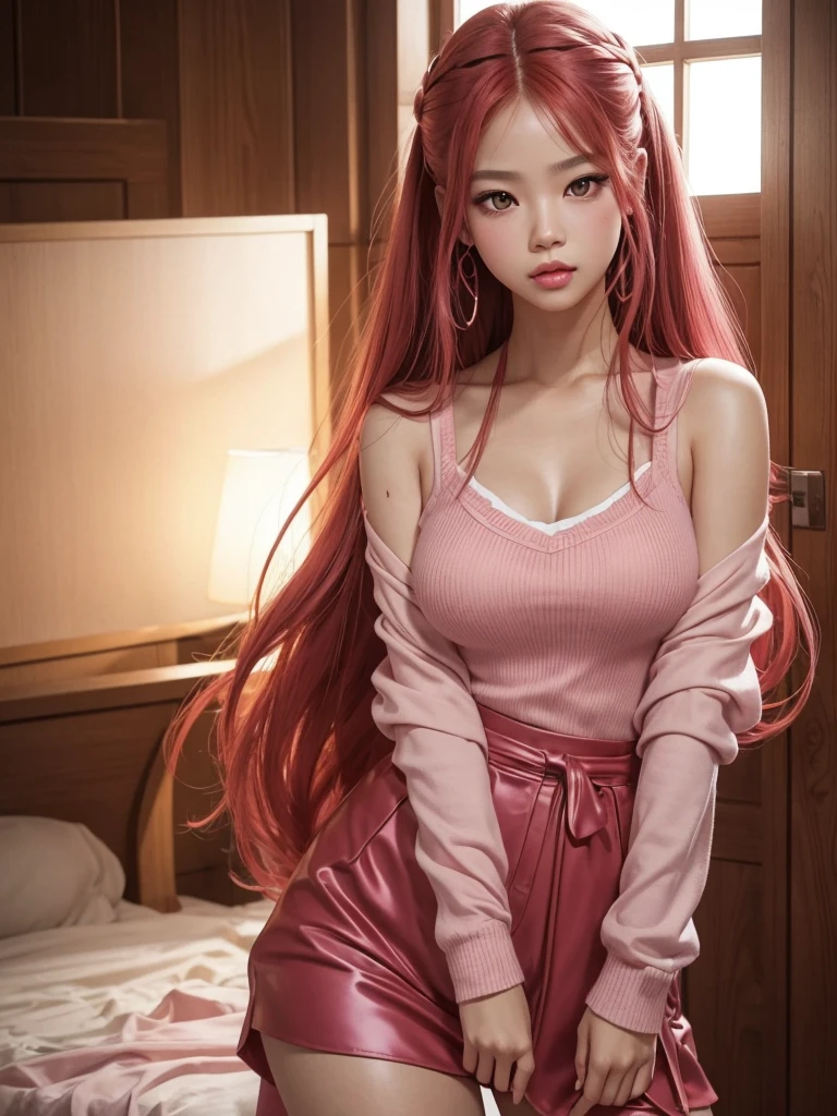 glowing skin, lips, sacimaer detailed skin, Beautiful face and detailed pink eyes, Spotlight, professional lighting, 1 girl, Alone, long hair, wearing a cute outfit, natural pose, lips, indoor, realistic, I want the whole image be created, face and body of blackpink's Jennie kim with red hair and in four places with different poses doing random things glowing skin, lips, sacimaer detailed skin, Beautiful face and detailed pink eyes, Spotlight, professional lighting, 1 girl, Alone, long hair, wearing a cute outfit, natural pose, lips, indoor, realistic, I want the whole image be created, face and body of blackpink's Jennie kim with red hair and in four places with different poses doing random things cosplaying of some character Mitsuri of Demon slayer