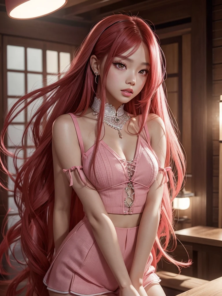 glowing skin, lips, sacimaer detailed skin, Beautiful face and detailed pink eyes, Spotlight, professional lighting, 1 girl, Alone, long hair, wearing a cute outfit, natural pose, lips, indoor, realistic, I want the whole image be created, face and body of blackpink's Jennie kim with red hair and in four places with different poses doing random things glowing skin, lips, sacimaer detailed skin, Beautiful face and detailed pink eyes, Spotlight, professional lighting, 1 girl, Alone, long hair, wearing a cute outfit, natural pose, lips, indoor, realistic, I want the whole image be created, face and body of blackpink's Jennie kim with red hair and in four places with different poses doing random things cosplaying of some character Mitsuri of Demon slayer