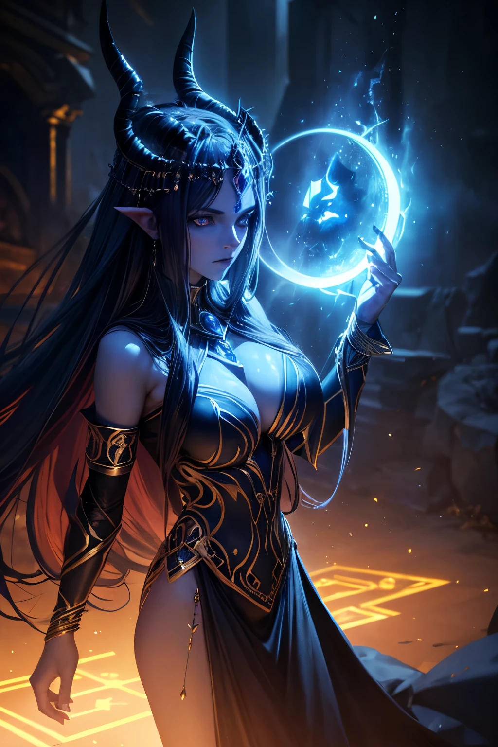 demonic goddess, astarte, mysterious and ominous, glowing blue eyes, graceful yet sinister pose, dramatic lighting, moody and atmospheric, cinematic camera angle, (best quality,4k,8k,highres,masterpiece:1.2),ultra-detailed,(realistic,photorealistic,photo-realistic:1.37), volumetric lighting, golden hour