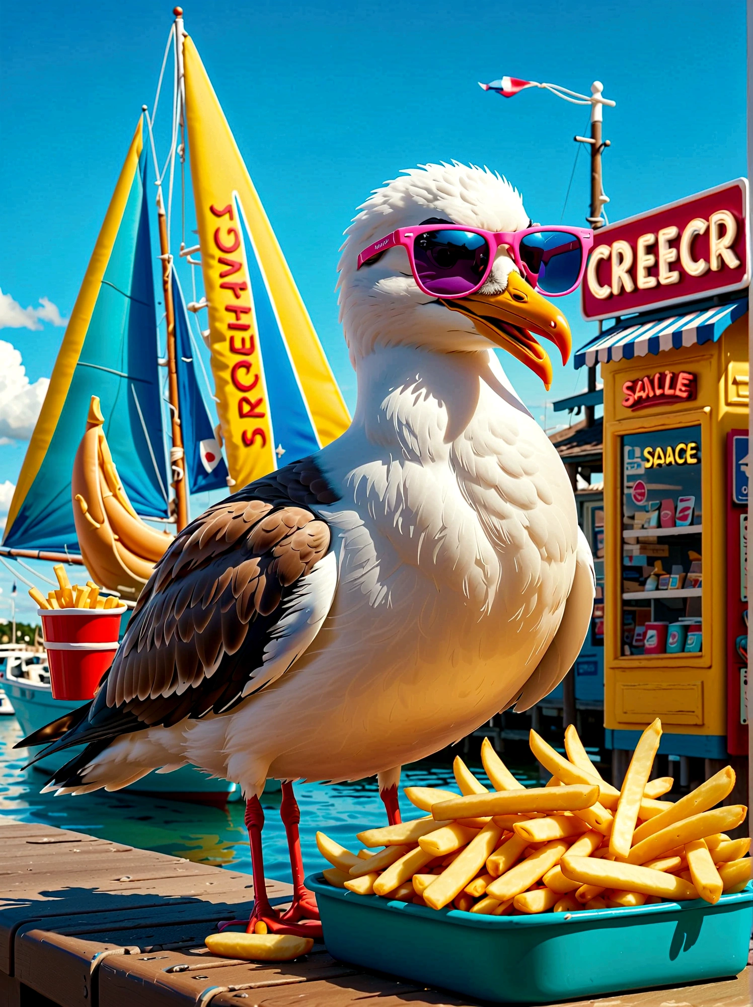 Neon，Shop sign，Dock scene，Chip Shop，sailboat，Cool seagull wearing sunglasses，(Stealing French fries)，发光的NeonShop sign，Ultra high saturation，Bright colors