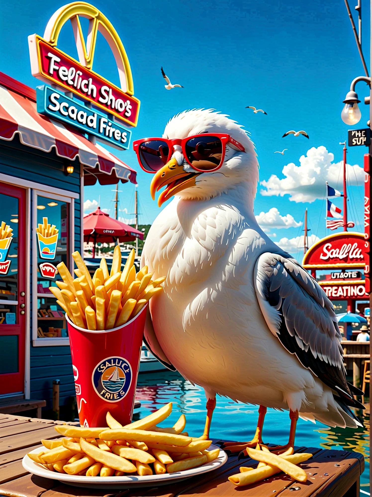 Neon,Shop sign,Dock scene,Chip Shop,sailboat,Cool seagull wearing sunglasses,(Stealing French fries),发光的NeonShop sign,Ultra high saturation,Bright colors