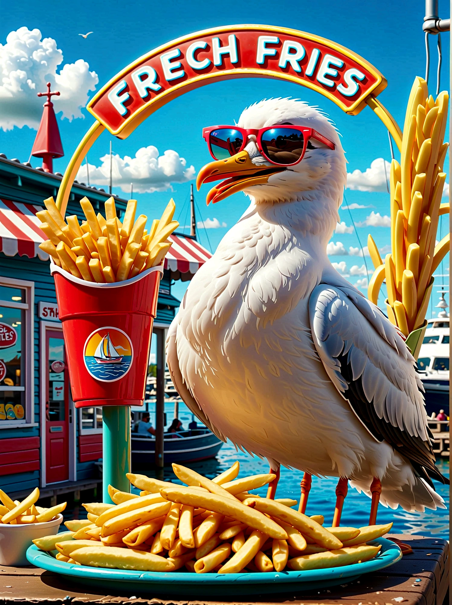 Neon,Shop sign,Dock scene,Chip Shop,sailboat,Cool seagull wearing sunglasses,(Stealing French fries),发光的NeonShop sign,Ultra high saturation,Bright colors