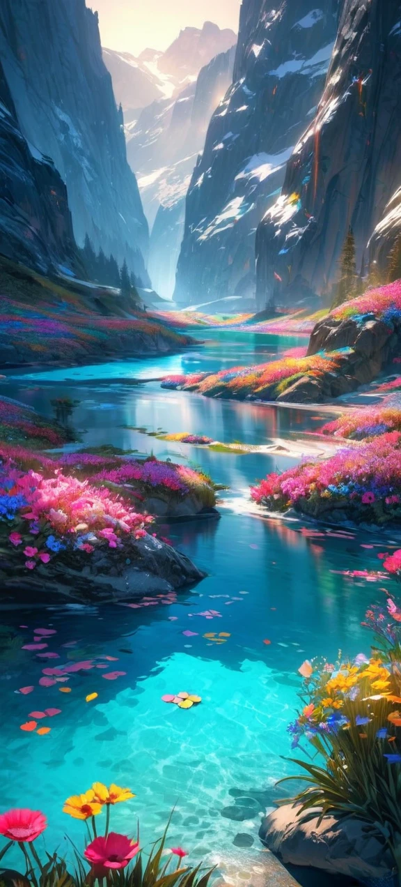 High quality, ultra realistic,absurdres, highres, ultra detailed, HDR, masterpiece, extremely detailed , beautiful colorful flowers , light blue lake , glowing , beautiful landscape