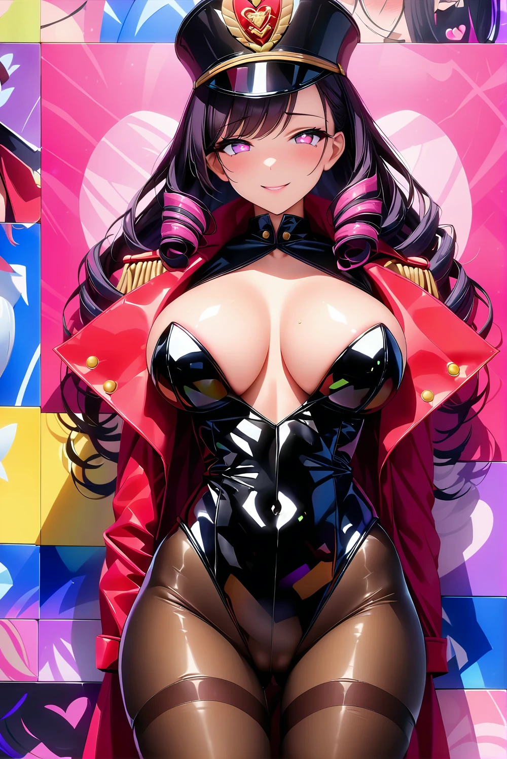 masterpiece, best quality, 1girl,black drill hair,, (finely detailed empty pupils and detailed face),,chest shot,lovestruck,extremely detailed picture unity 8k wallpaper,solo,(latex military costume:0.9),glamour body,seductive smile,military hat,latex thighhigh,large breasts,black hair,pink eyes,black leotard,pantyhose