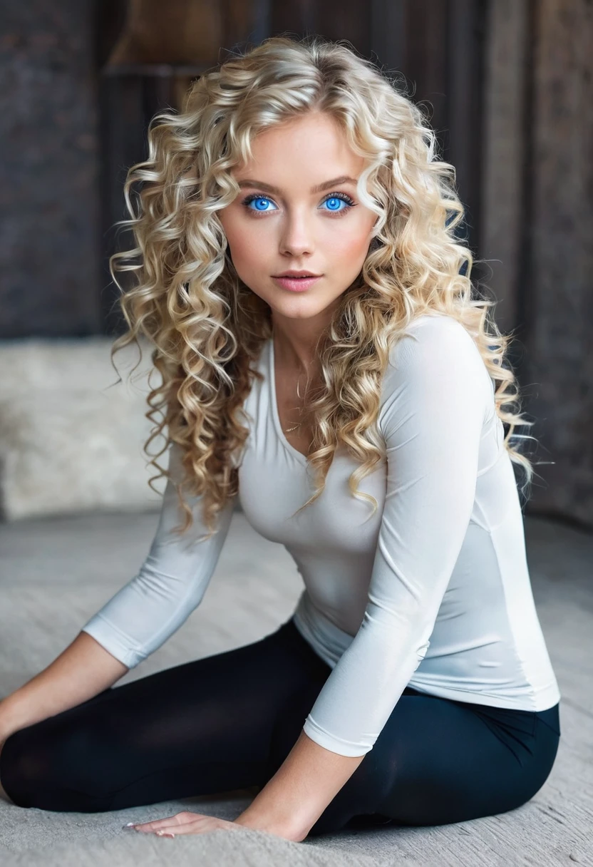 Make an image of a blue-eyed blonde with curly hair like angels in black leggings and barefoot and she is the most beautiful in the world