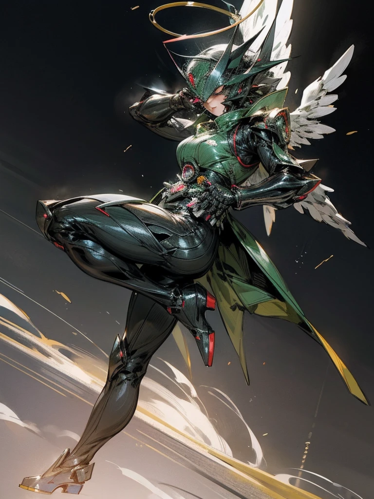 Kamen Rider,Angel,huge busty woman,shining super battle saitama arena background,(rider kick:1.2),halo,devil custum morter cycle riding,Kamen riders battle royal,view viewers view