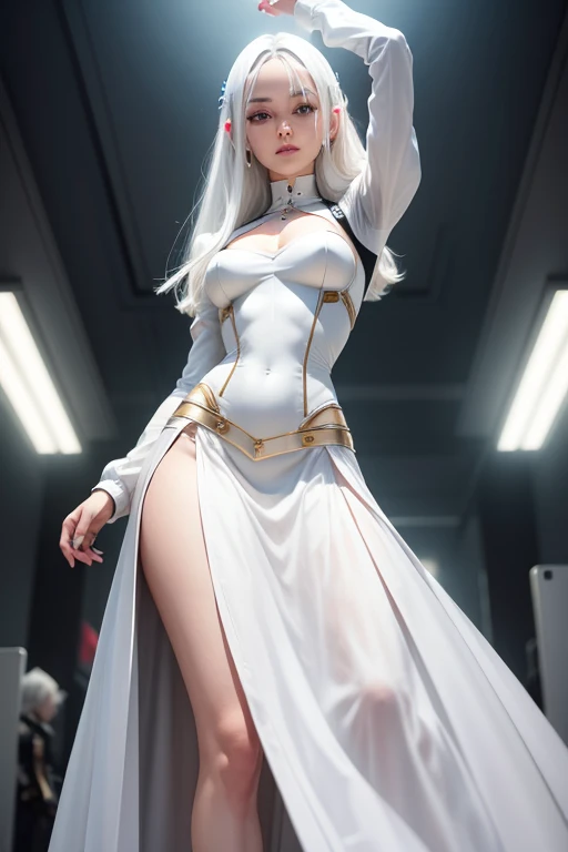  android with feminine appearance. Tenho 173 cm de altura e peso 56 kg. My most striking features are the white hair that covers my eyes and the long skirt that I always wear, bem sexualizada, various dynamic poses