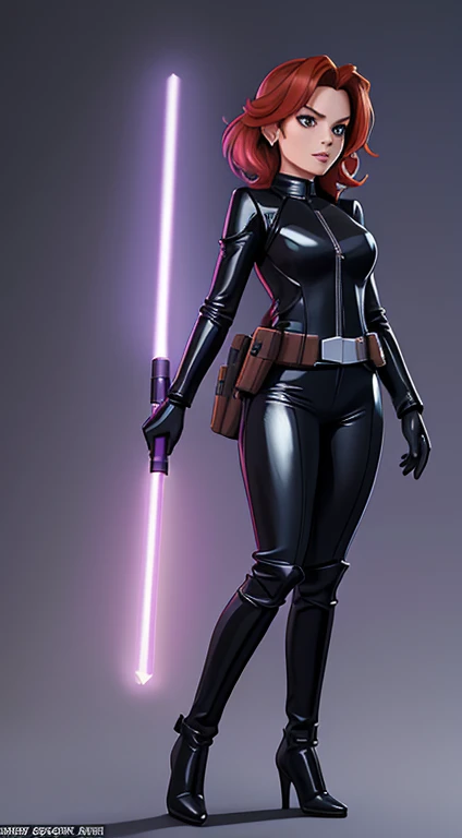 Mara Jade from Star Wars, science fiction, Star Wars based environment, She's wearing a tight shiny black leather suit, gloves, silver utility belt and high-heel boots. She's holding a purple lightsaber. Dynamic poses, Character concept, character art, Character portrait, masterpiece
