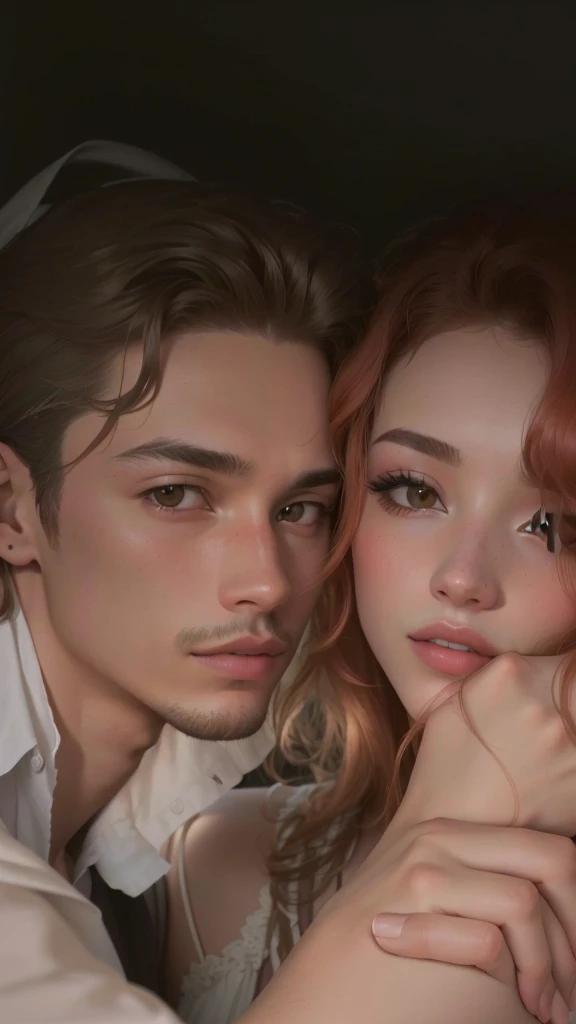 Hay un hombre y una mujer que se abrazan, filtrado photo, Jordan Grimmer y Natasha Tan, filtrado image, jamie coreth, caspar david, foto de perfil, captura de pantalla, taken in the early 2020s, ambos tienen labios rojos, video musical, filtrado, al estilo de petra collins, Chico moreno y chico pelirrojo, ellos son hermanos