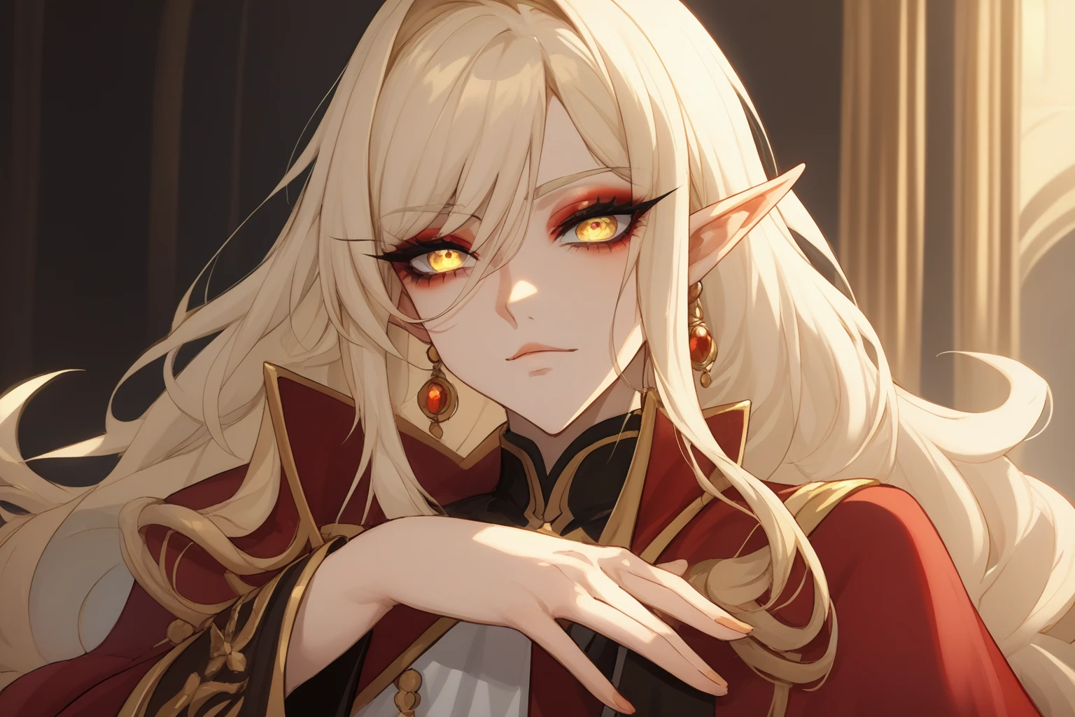 (yellow skin 1.5), (gold skin 1.8), (masterpiece),(highest quality),highres, (extremely detailed), ultrahires, dunmer, altmer, pretty boy, male, anime guy, anime boy, dollish eyelashes, long wavy hair, portrait, smoky eyes, arab eyeliner, ostentatious brocade robes, glamorous, gorgeous, stunning eyes, jewelry, veils, golden skin, dewy skin, bjd, glossy eyelids, eyeshadow, vibrant, pointy chin, v shaped jaw, domineering, proud, slender, high elf, curly hair,