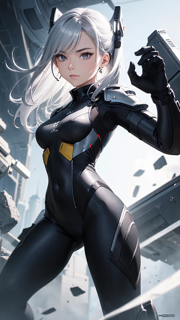 random angle close portrait, brush drawing image, beautiful Thai female teen, aged 20, dynamic fighting action pose with white advanced sci-fi shooter, advanced black earbuds, medium-long straight light grey hair with forelock, white slim fit sci-fi stand collar diving suit with 3/4 white sleeves, slim fit sci-fi glossy black pants with weapons holster on thighs, black shoulders and arms armour, black gloves, grey smoke explode, white background, 8k resolution