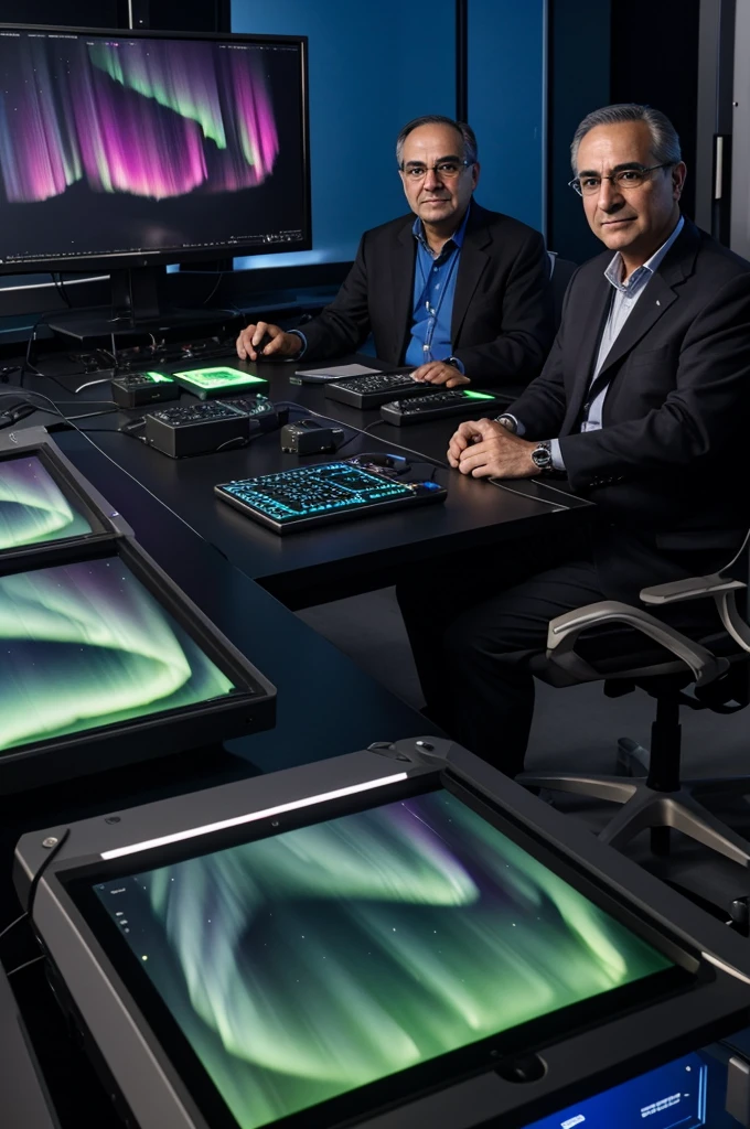 Renowned scientist Dr. Martín Delgado with his team, working on designing Aurora AI, filled with advanced computers and holograms."